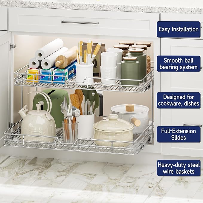 2-Tier Pull Out Cabinet Organizer, 28.5" W x 21.5" D, Heavy Duty Dual Slide Out Shelves for Wide Base Cabinets, Chrome Wire Basket Drawer for Pots, Pans, Pantry & Cleaning Supplies