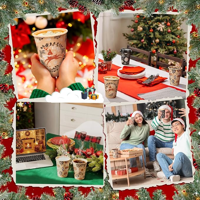 FoldTier 100 Pcs 12 oz Christmas Paper Cups with Lids Xmas Disposable Coffee Cups Holiday Kraft Paper Drinking Xmas Party Drinkware Supplies for Holiday Cocoa Beverage Cold Hot Drinks (Classic 4)