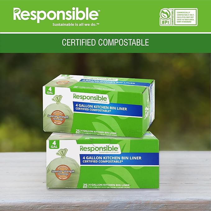 Responsible Products Kitchen Bin Liners, Certified Compostable, Heavy Duty Multipurpose Food Scrap Bags, Made from Compostable Materials (4 Gallon, 1 Count (Pack of 25))