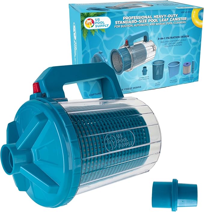 U.S. Pool Supply Pool Leaf Canister - Heavy Duty Inline Pool Leaf Catcher, 3-in-1 Filtration (3 Filters, Basket, Mesh Bag & Micro-Cartridge) - Fits 1.5" Hoses, Catch Leaves, Inground Vacuum Cleaner