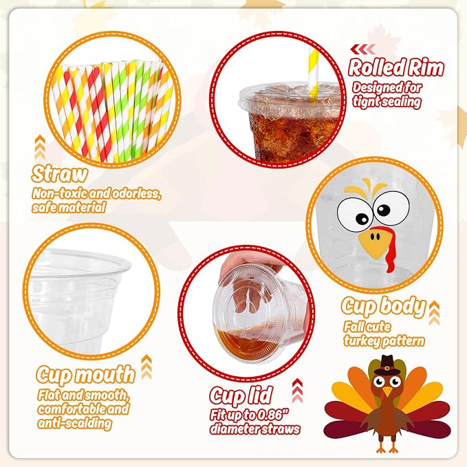 FYSUIMU 100Pcs 12Oz Fall Thanksgiving Plastic Cups with Lids and Straws Funny Cartoon Turkey Expression Cold Beverage Drinking Cups for Autumn Harvest Party Supplies