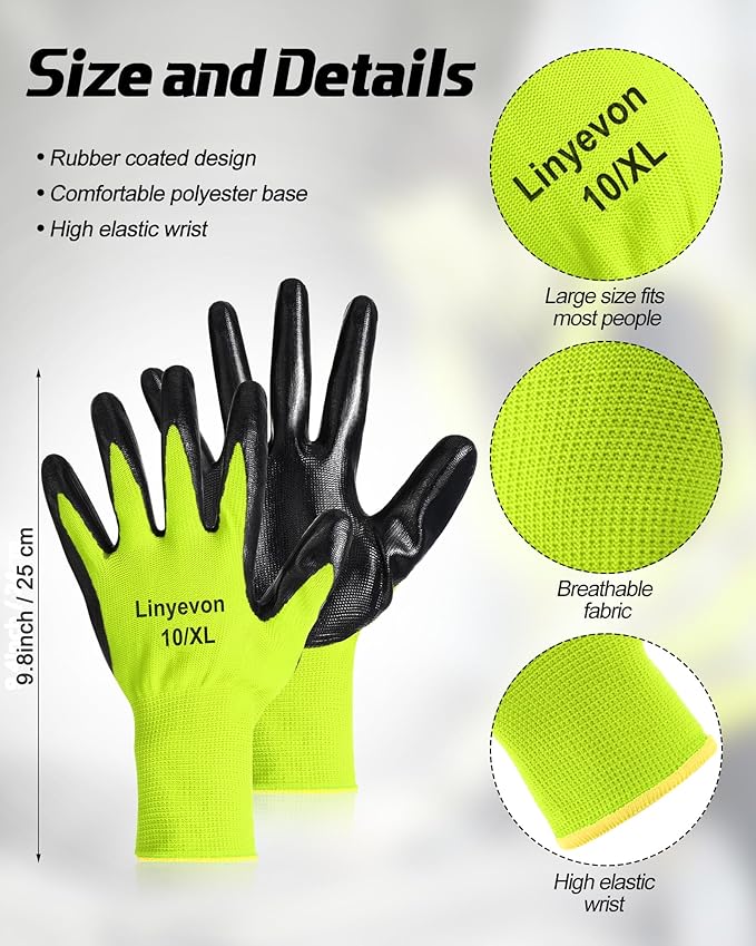Maxcheck PU Coated Gloves Bulk, Reusable Rubber Safety Gloves for Men Women Work Warehouse, Mechanic, Woodworking