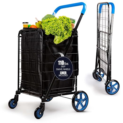 SereneLife Large Folding Utility Shopping Cart with Removable Liner – Heavy Duty, 360° Swivel Wheels, 110 lb Capacity, Portable for Groceries, Laundry, Luggage, and More(Blue)