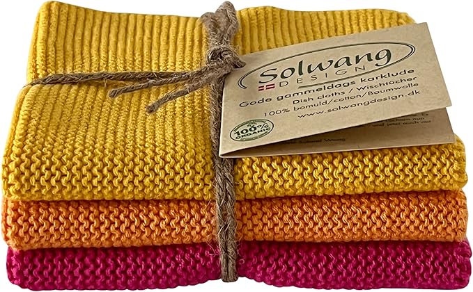 Solwang 3-Piece Danish Cotton Dishcloths in 100% Certified Organic Cotton Made in India (Nordic Caribien Organic)