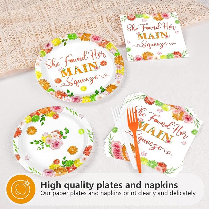 96Pcs She Found Her Main Squeeze Party Decorations Lemon Bridal Shower Plates and Napkins Citrus Decorations for Citrus Lemonade Orange Spring Fruit Bachelorette Wedding Party Supplies Serves 24