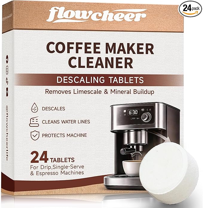 flowcheer Descaler Tablets (24 Pack) - Universal Coffee Maker Cleaner for Breville, Jura, Keurig, Nespresso, DeLonghi - Removes Limescale, Improves Taste & Extends Life - 1 Year Supply