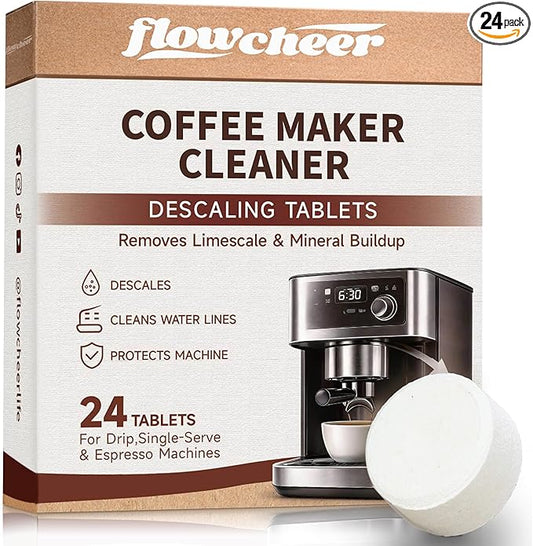 flowcheer Descaler Tablets (24 Pack) - Universal Coffee Maker Cleaner for Breville, Jura, Keurig, Nespresso, DeLonghi - Removes Limescale, Improves Taste & Extends Life - 1 Year Supply