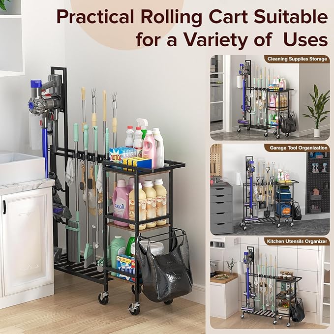 Housolution Cleaning Utility Cart on Wheels, Multifunctional Cleaning Tools Supplies Organizer with Broom and Mop Holder, Vacuum Stand Compatible with Dyson, Rolling Storage Cart for Home