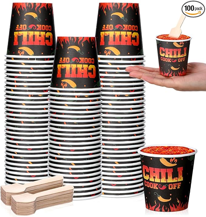 Teenyyou 100 Pcs 5 oz Chili Cook off Party Decorations Mini Chili Cook off Tasting Cups Disposable Sample Paper Cup Bowls and Wooden Spoons for Pepper Competition Prizes Party Cooking Supplies, Black