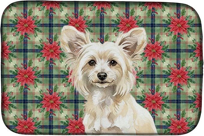 Caroline's Treasures Powderpuff Chinese Crested Christmas PoinsettIas Dish Drying Mat Absorbent Dish Drying Mat Pad for Kitchen Counter Dish Drainer Mat for Countertop, 14 x 21", Multicolor