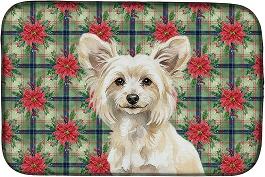 Caroline's Treasures Powderpuff Chinese Crested Christmas PoinsettIas Dish Drying Mat Absorbent Dish Drying Mat Pad for Kitchen Counter Dish Drainer Mat for Countertop, 14 x 21", Multicolor