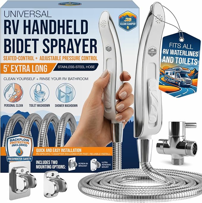Clean Camper RV Handheld Bidet Sprayer – Stay-Seated Design RV Toilet Sprayer, Engineered for All RV Toilets, Backflow Preventer, Extra-Long 5' Hose & Adjustable Pressure