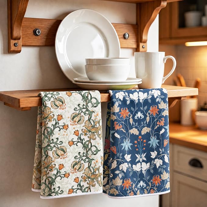 Hahafelt 6 Pack William Morris Floral Kitchen Towels Absorbent Cotton Retro Vintage Flowers Towels 18 x 28 Inch Decorative Hand Tea Towel for Baking Cleaning Housewarming Party Supply (William Morris)