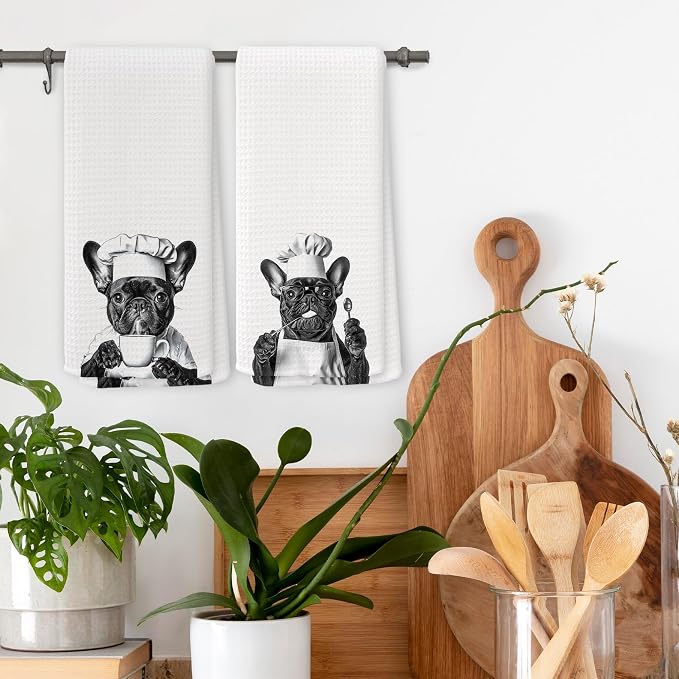 Funny French Bulldog Chef Kitchen Towels Set of 2, Black and White Frenchie Cooking Frenchie Gift Dish Tea Towels for Kitchen, Dog Lover Dining Room Decorative Hand Towel 16x24 Inch