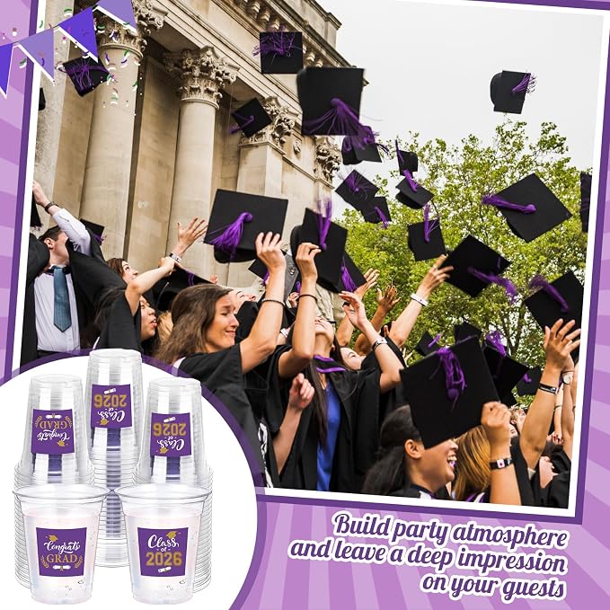 Amyhill 60 Pack 12oz Graduation Cups 2026 Graduation Decorations Disposable Plastic Cups Sturdy&Durable Drinkware for Class of 2026 Decorations Congrats Grad Party Favors Supplies (Gold Purple)