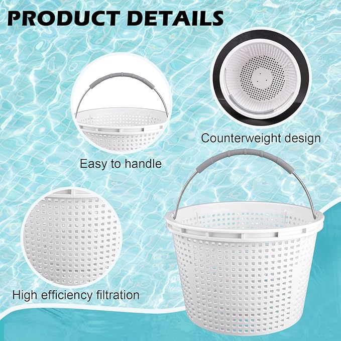Pool Skimmer Basket for Inground Pool Compatible with Pentair U-3 Skimmer Basket 08650-0007 and Hayward SP1070 Pool Basket Stainless Steel Handle Rubber Grip & Built in Weighting White 4 Pack
