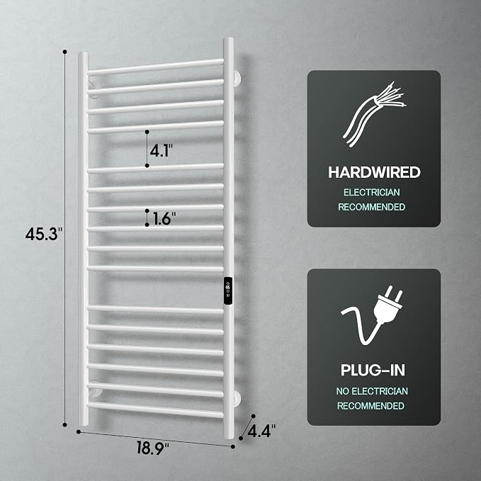 45.3"(L) x 19.5"(W) Wall Mounted Towel Warmer, Heated Towel Racks for Bathroom, Towel Dryer Heater, 16-Bars White, CSA Certified.
