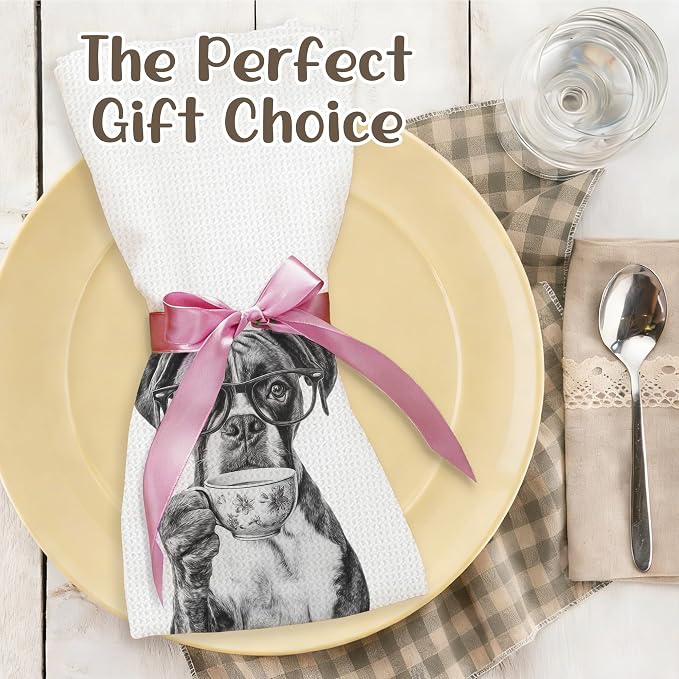 Funny Boxer Kitchen Towels, Dog Kitchen Accessories, Dog Chef Gifts for Women Decorative Hand Towels for Kitchen Decor, Coffee Lovers Gifts Dish Tea Towel, 16x24 Inch