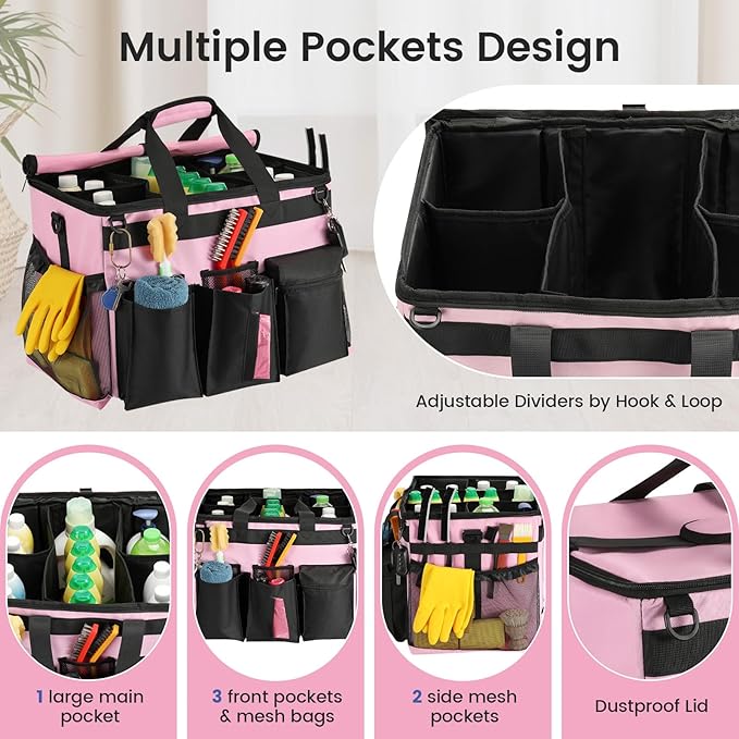 Housolution Extra Large Rolling Cleaning Caddy Bag with Detachable Trolley, Upgraded 360° Free Rotating with 5 Wheels and Dust-Proof Lid, Professional Cleaning Supplies Bag for Housekeepers, Pink