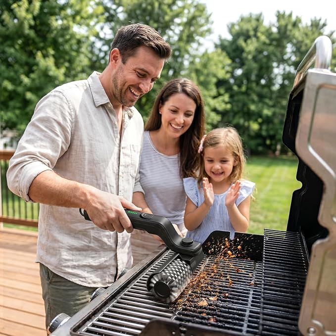 Electric Grill Brush, 20kg High Torque BBQ Cleaner with 3 Speed Modes, Reinforced Steel Bristle Scrubber, Type-C Rechargeable, Safe for Cast Iron & Porcelain Grates
