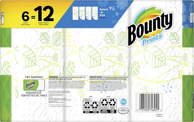 Bounty Select-A-Size Paper Towels, Print, 6 Double Rolls = 12 Regular Rolls