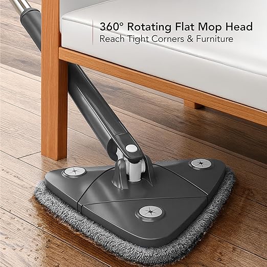 OVENTE Wall Cleaner Mop with 50" Adjustable Handle, Squeegee, Reusable and Easy to Clean Microfiber Pad, 360° Triangular Cleaning Tool Duster for Painted Walls/Baseboard/Window/Floor, Grey CTM311GY