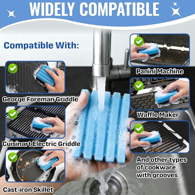 8 Pcs Grill Sponge + 2 Pcs Grill Scraper – Cleaning Sponge 12207 and Grill Scraper – Compatible with George Foreman Grill – for Indoor & Outdoor Grills with Grooves and Sandwich Makers