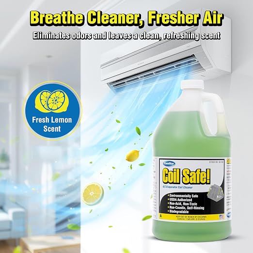Coil Safe 1 gal Premium AC Evaporator Coil Cleaner 4-Pack | Self-Rinsing, Lemon Scent Neutral pH, Non-Toxic For Commercial/Residential AC, Air Handler & Refrigeration Coils Made in USA