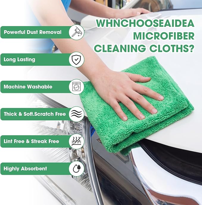 Shimeyao 30 Pcs Edgeless Microfiber Plush Towels for Cars Detailing Drying Wash Polishing Absorbent Cleaning Cloths, 500 GSM (16 x 16 Inch,Grass Green)