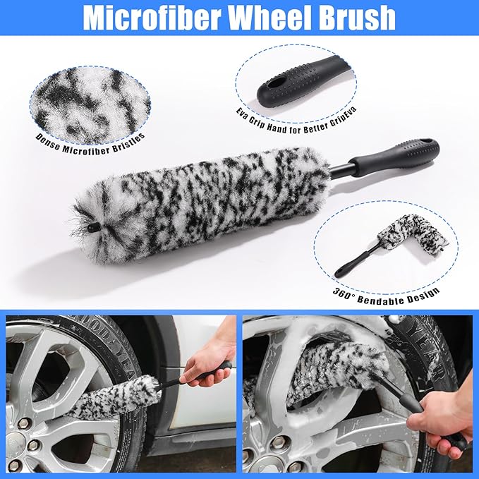 Car Detailing Kit, Car Detailing Brush Set, Bendable Car Wheel Rim Cleaner Brush Set, Car Detailing Brushes, Car Wash Cleaning Tools Kit for Interior, Exterior, Wheels, Blue