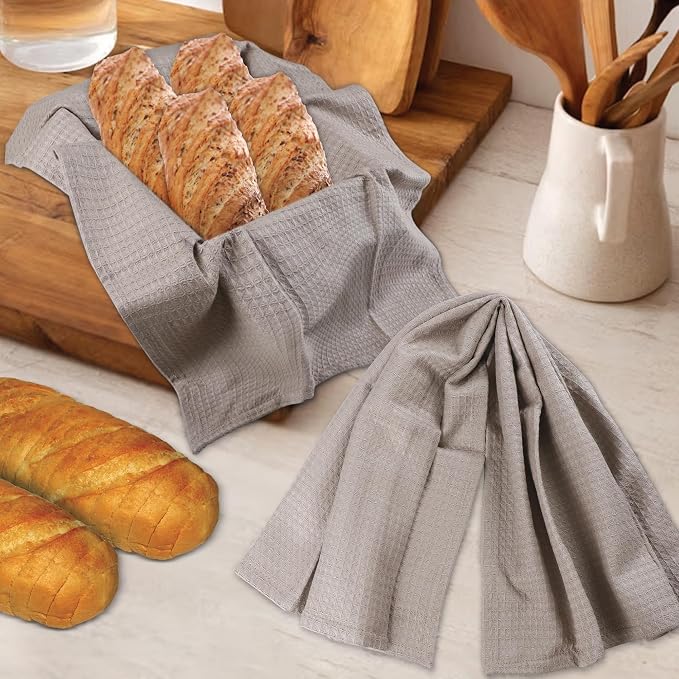 Urban Villa Waffle Dish Towels - Tan Color Set of 6 Highly Absorbent Cotton Towels - Oversized 18x28 with Mitered Corners