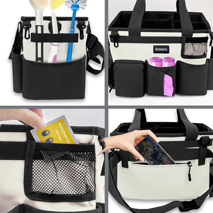 Wearable Cleaning Caddy Bag,Cleaning Supply Tote for Cleaning Supplies, Cleaning Organizer with Adjustable Shoulder and Waist Straps for Cleaners Housekeepers (Black-White, Large)