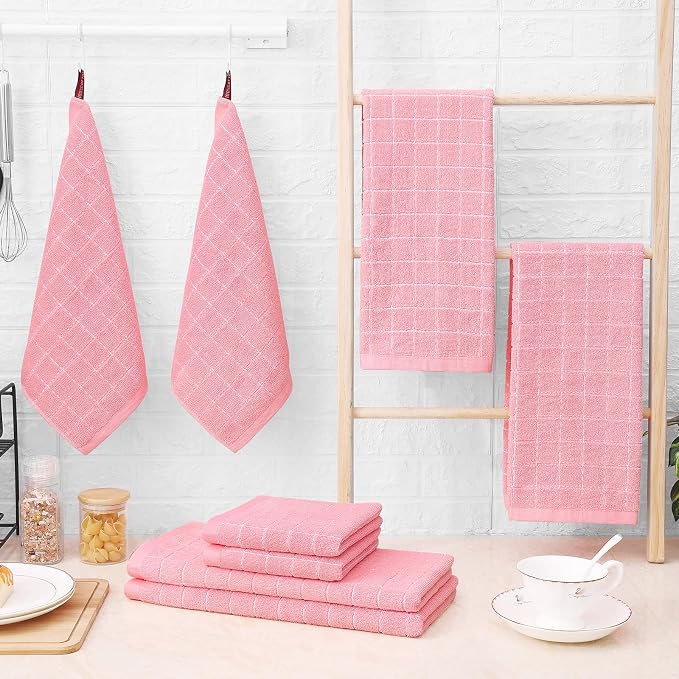 Homaxy Kitchen Towels and Dishcloths Set, 12 x 12 and 13 x 28 Inches, Set of 16 Bulk Cotton Terry Kitchen Towels Set, Checkered Designed, Soft and Super Absorbent Dish Cloths, Pink