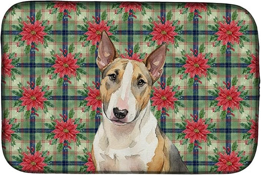 Caroline's Treasures Tricolor Miniature Bull Terrier Christmas PoinsettIas Dish Drying Mat Absorbent Dish Drying Mat Pad for Kitchen Counter Dish Drainer Mat for Countertop, 14 x 21", Multicolor