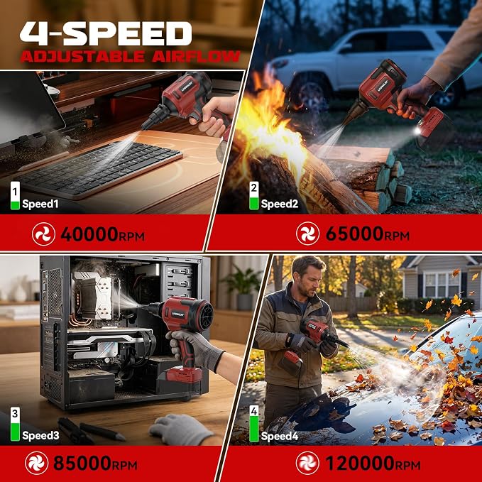 LIVOWALNY Upgraded Air Blower Compatible with Milwauke 18V Battery, 4-in-1 Compressed Air Duster, 480MPH, 120,000 RPM Brushless Motor, 4-Speed Leaf Blower for Car, PC, Workshop (Tool Only,No Battery)