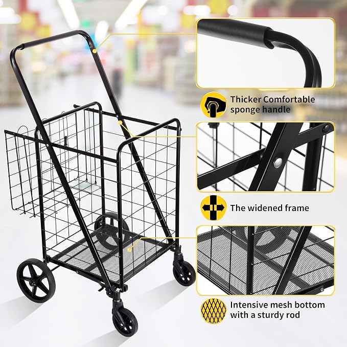 BIEAMA Folding Shopping Cart, 340 Lb Capacity Grocery Cart, Large Size | Heavy Duty Utility Cart with 360 Rolling Swivel Wheels, Extra Basket