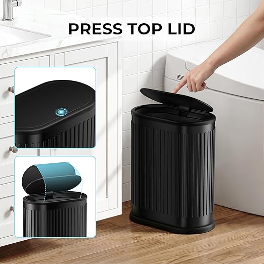 1.8 Gallon Bathroom Trash Can with Lid, Small Black Stainless Steel Press Top Garbage Can, Removable Inner Bucket, Includes 60 Trash Bags