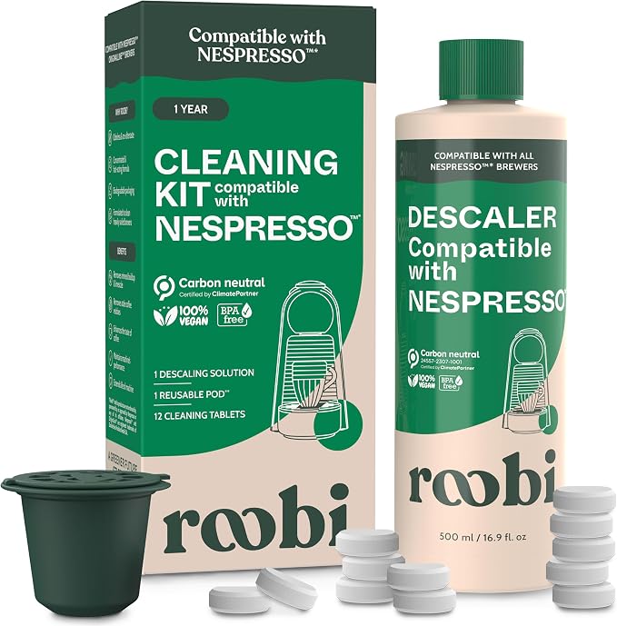 Roobi Descaling and Cleaning Kit Compatible with Nespresso Originaline. Includes 1 Bottle of Descaling Solution, 12 Cleaning Tablets and 1 Reusable Pod. Carbon Neutral. 1 Year Supply.