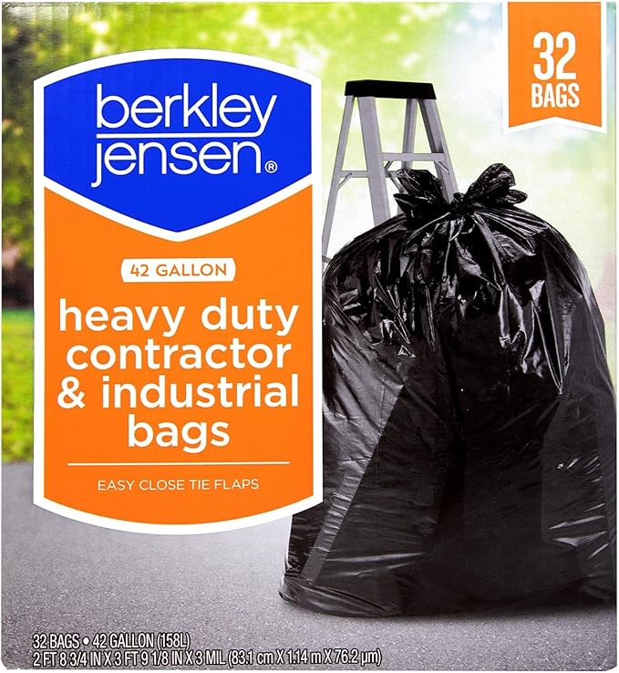 Berkley Jensen Heavy Duty Contractor & Industrial Bags - 42 Gallon, 32 Count - Black Contractor Trash Bags - 3 Mil Thick, Tear & Puncture Resistant - Ideal for Construction Cleanup & Professional Use