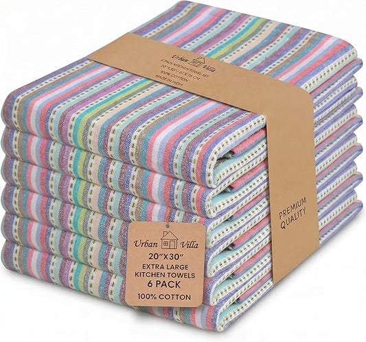 Urban Villa Kitchen Towels 100% Cotton Dish Towels for Kitchen(Set of 6)20”x30” Dish Cloths Highly Absorbent Kitchen Linen Set with Hanging Loop Perfect for Drying Dishes Cleaning Towels-Blue Stripes