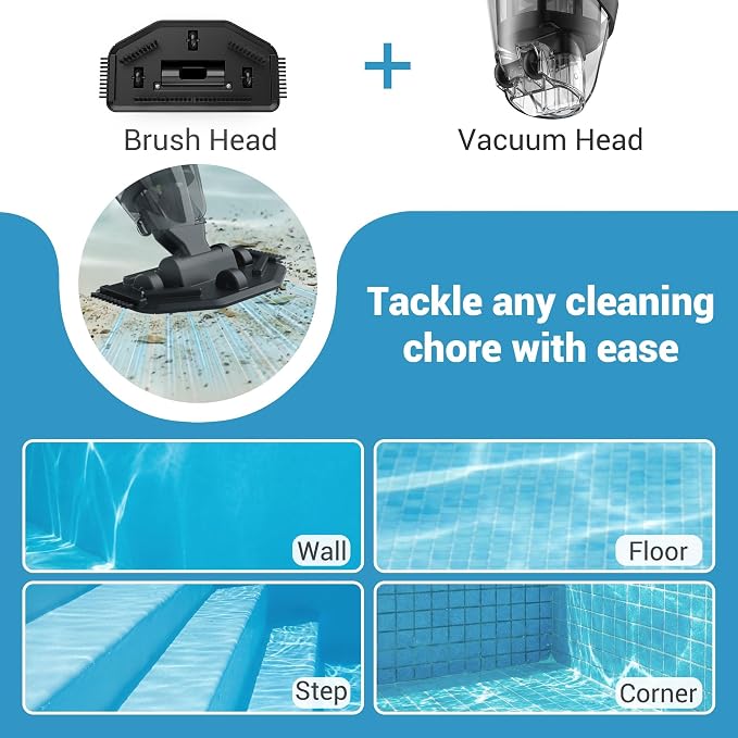 Handheld Pool Vacuum for Above Ground Pool, 4-Section Detachable Pole, 18 GPM Powerful Suction, 60 mins Runtime, 120μm Fine Filter, Cordless Pool Cleaner for Leaves, Sand and Debris, Blue
