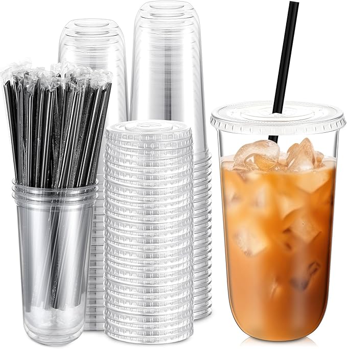 Ziliny 50 Set Clear Plastic Cups with Lids and Straws, Disposable Iced Coffee PET Cups for Drinking Cold Beverage Juice Parfait Smoothie Milkshake Coffee Shops Party Supplies (20 oz)