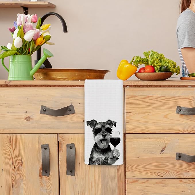Funny Schnauzer Wine Kitchen Towels, Gifts for Dog Wine Lovers, Bar Accessories Dish Tea Towels for Kitchen, Dog Owners Housewarming Gift Decorative Hand Towel 16x24 Inch