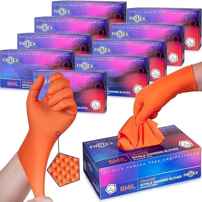 FINITEX Industrial Diamond Texture Nitrile Orange Glove - 100/1000PCS Chemical Resistant 6.3mil Mechanic Disposable Gloves