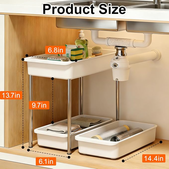 2-Tier Under Sink Organizer with Smooth Rolling Wheels, Pull-Out Bottom Storage Drawer with Easy-Lift Handle, Metal & Plastic Sliding Cabinet Organizer for Kitchen & Bathroom, White, 2 Pack