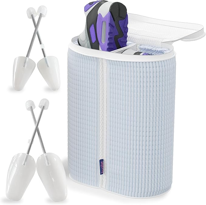 Shoe Washing Machine Bag - Dual Shoe Bag for Washing with Adjustable Shoe Trees, Laundry Shoe Bag for 2 Shoes, Fluffy Fiber, Wrap-around Cleaning, Olive-shaped Design, Durable Zipper, Blue