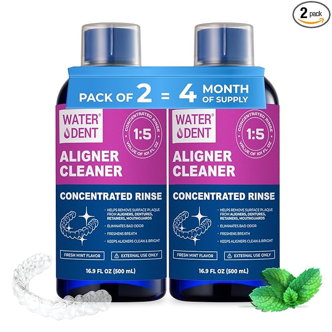 ALIGNER Cleaner Rinse | Concentrated | Clean aligners, retainers, dentures, Mouth Guards, Dental Appliance | 4 Month Supply, Alcohol Free, Minty & Fresh. Made in USA - Pack of 2 (33 fl.oz)