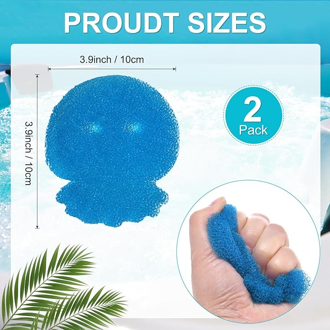 M METERXITY 2-Pack Hot Tub Scum Absorber, 10x10 Cm/3.9x3.9 Inch Sponge Jellyfish Pattern Scum Balls for Spa, Bathtub and Swimming Pool to Soak Up Oils Bathtub Accessories [Blue]