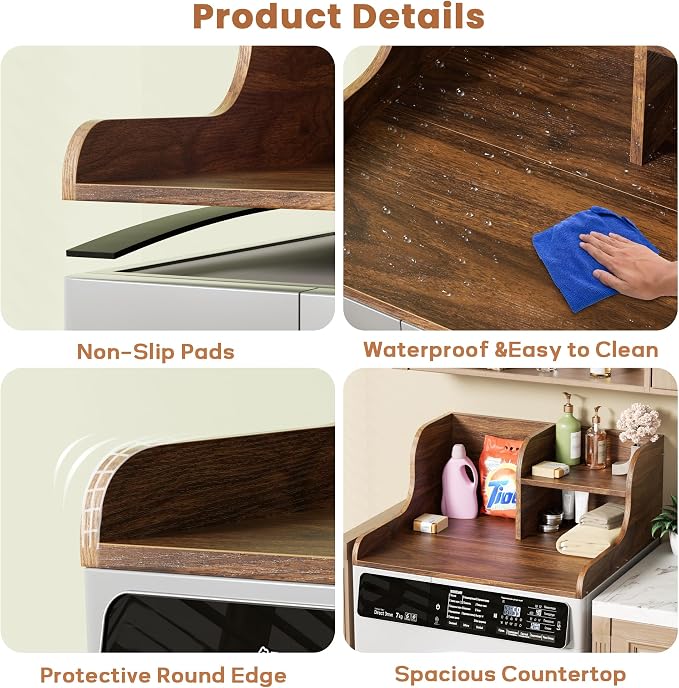 DTK Washer Dryer Countertop with Shelf,27.5" D x 27" W x 11.8" H Wood Countertop for Washer and Dryer,Laundry Countertop with Anti-Slip Strips and Edge Rails,Dryer Countertop for Laundry Room(Walnut)