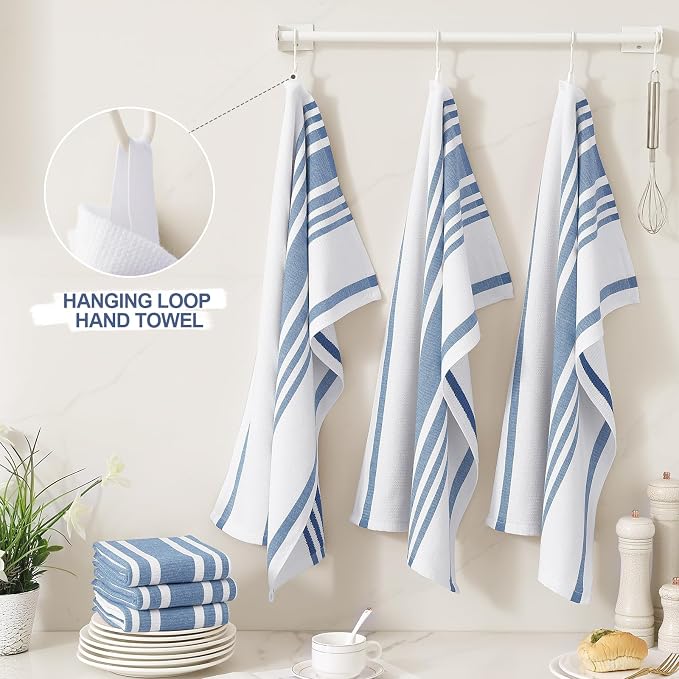 Homaxy Premium Kitchen Towels 18”x 28”, Large Cotton 380 GSM Kitchen Hand Towels, Stripe and Terry Dish Towel, Highly Absorbent Tea Towel Set with Hanging Loop, 3 Pack, Navy Blue